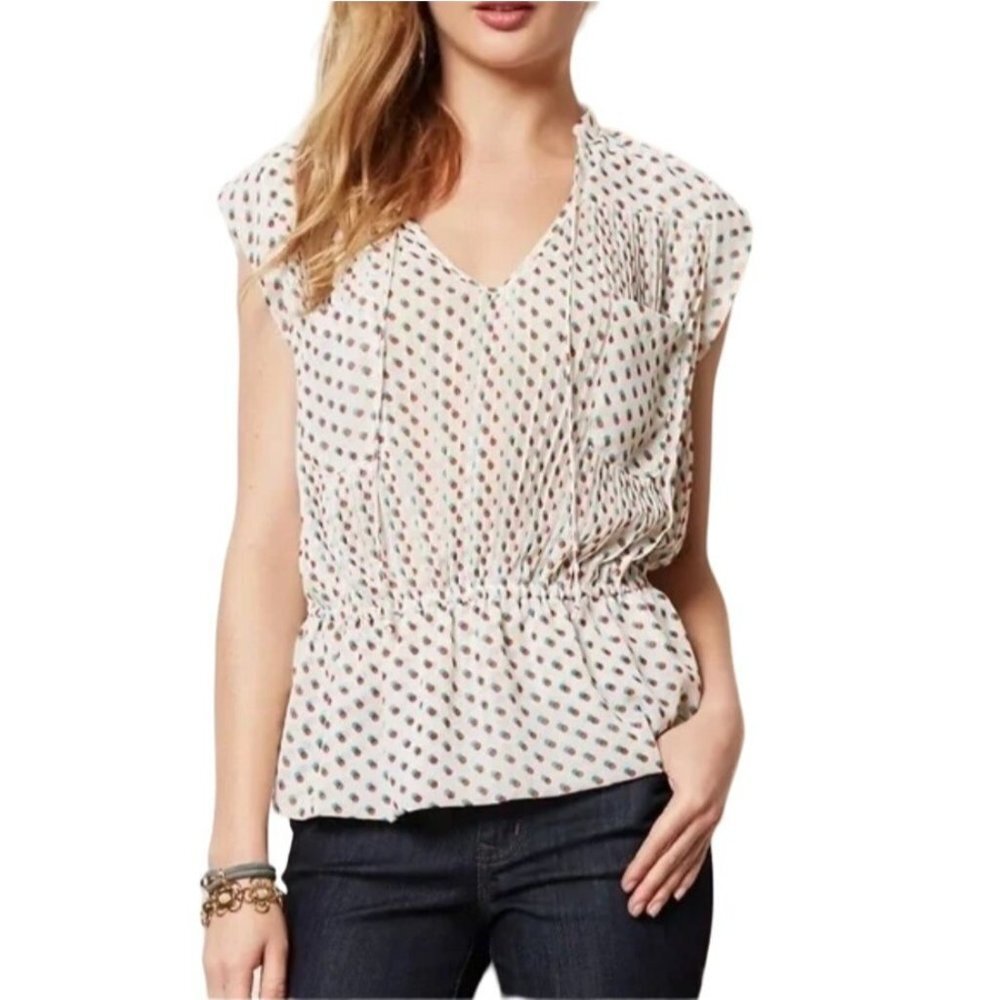 Isani Venn Peplum Top Mod Op Art Multi-dot Sheer Blouse Beige Retro 60s